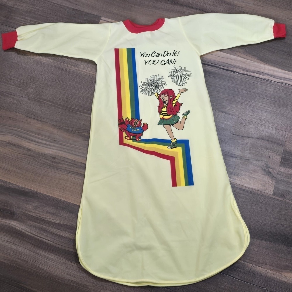 Vintage 80s 90s Girls Yellow Rainbow Long Slv Nightgown Dress Cheerleader New 14